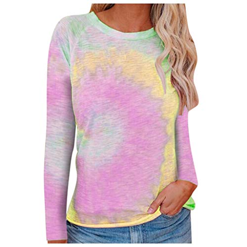 ReooLy Fashion Mujer Casual Suelta Tie-Dye O-Cuello Impreso Color Manga Larga Tops Sueltos(Rosado,S)