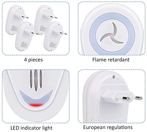 Repelente Ultrasónico de Plagas,4 Piezas Repelente Mosquitos Ultrasonico,Repelente de Insectos, Electrico Plagas Control Interiores de Mosquitos Ratones Hormigas Cucarachas Moscas Arañas Pulgas