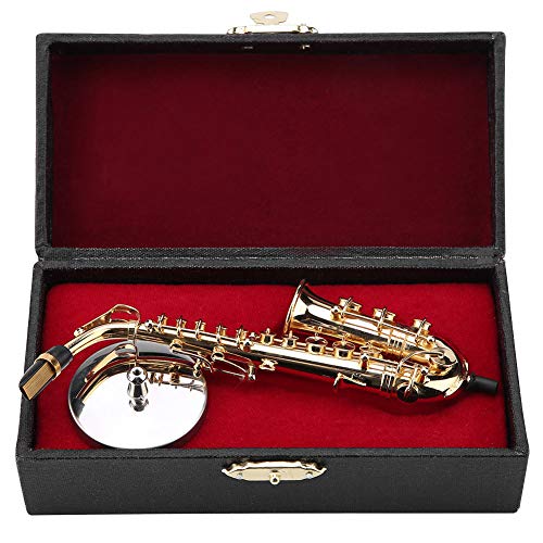 Réplica de Saxofón Alto En Miniatura con Soporte y Estuche Modelo de Instrumento Chapado En Oro Ornamentos Regalo de Grado Superior Modelo de Instrumento Musical Mini Ornamento Musical Chapado En Oro