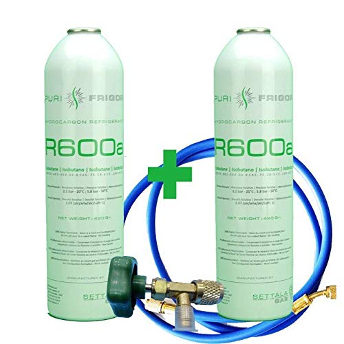 REPORSHOP - 2 Botellas Gas Refrigerante R600 +Manguera + Valvula 420Gr Isobutano