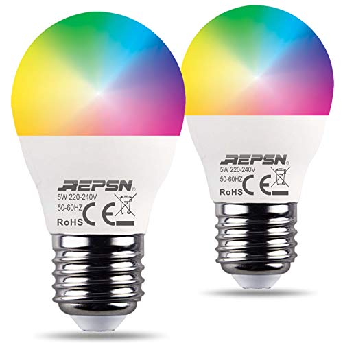 REPSN® Smart Light Bulbs Colour Changing, WiFi Spotlight, Multi Coloured RGBCW 2700K-6000K, 5 W de potencia, bombilla LED de luz compatible con Alexa y Google Home (G45-5W-E27, 2 unidades)