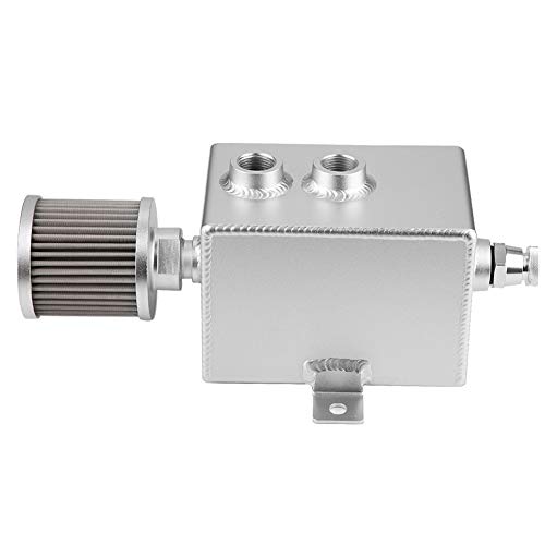 Respiradero de lata de aceite, tanque de depósito de lata de captura de aceite de coche de aleación de aluminio 2L con filtro de ventilación modificado Universal(Plata)