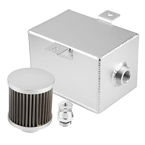 Respiradero de lata de aceite, tanque de depósito de lata de captura de aceite de coche de aleación de aluminio 2L con filtro de ventilación modificado Universal(Plata)