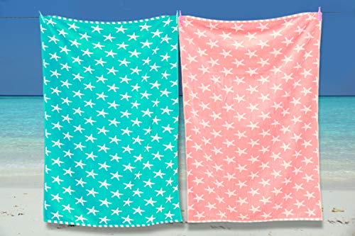 restmor Toallas de Playa 100% Algodón – Set de 2 Toallas de 85x165cm - Estrella de Mar Turquesa y Coral