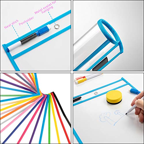 Resuable Dry Erase Pockets, Jolintek 12 Reutilizables Bolsillos de Borrado en Seco Colores con 12 Rotuladores y 1 Goma de Borrar para la Organización en el Aula y Colegio y Trabajo, 35×25.5cm