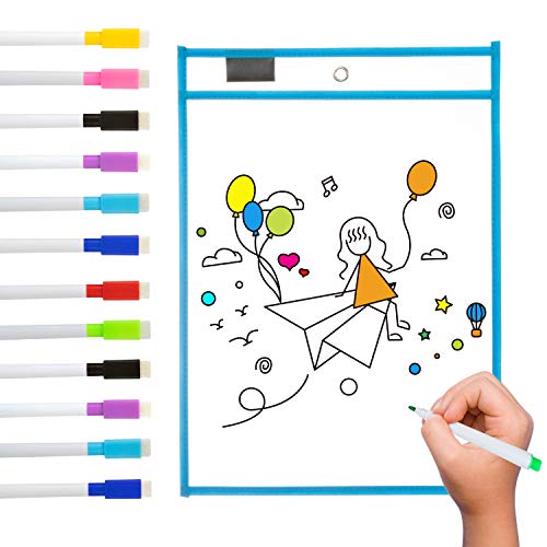 Resuable Dry Erase Pockets, Jolintek 12 Reutilizables Bolsillos de Borrado en Seco Colores con 12 Rotuladores y 1 Goma de Borrar para la Organización en el Aula y Colegio y Trabajo, 35×25.5cm