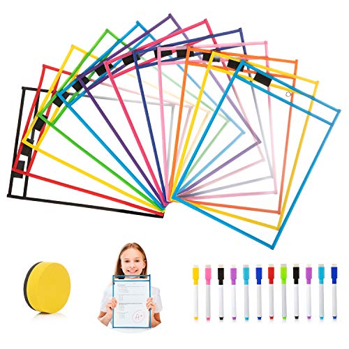 Resuable Dry Erase Pockets, Jolintek 12 Reutilizables Bolsillos de Borrado en Seco Colores con 12 Rotuladores y 1 Goma de Borrar para la Organización en el Aula y Colegio y Trabajo, 35×25.5cm