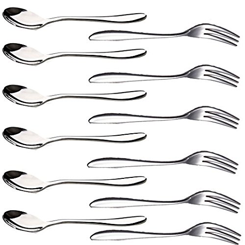 RETON 12 Piezas Juego de Tenedores y Cucharas de Postre de Acero Inoxidable, 3 Bifurcaciones Torta de Bistec para Frutas y Cucharaditas de Café para El Hogar, Bodas, Fiestas (6 Tenedores+6 Cucharas)