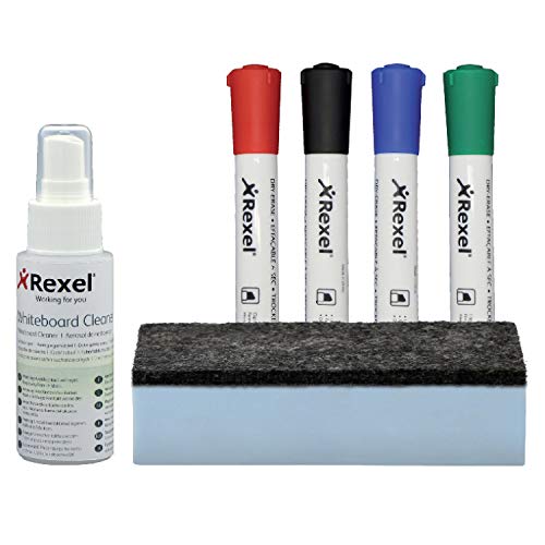 Rexel - Kit de escritura y limpieza para pizarras de borrado en seco (incluye 4 rotuladores y spray limpiador)