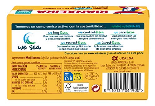 RIANXEIRA. Mejillones al Natural. Mejillones de las Rías Gallegas preparados en agua y sal. D.O.P. Mejillón de Galicia. Presentación 12-18 piezas. Pack de 8 latas x 111g.