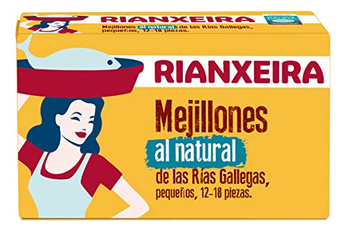 RIANXEIRA. Mejillones al Natural. Mejillones de las Rías Gallegas preparados en agua y sal. D.O.P. Mejillón de Galicia. Presentación 12-18 piezas. Pack de 8 latas x 111g.