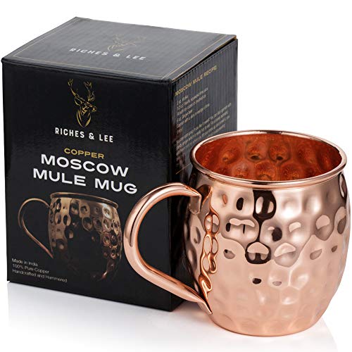 Riches & Lee Taza Moscow Mule Hecha de Cobre x 1 – Hecha a Mano y 100% Hecha de Cobre – Tazas con Estilo Barril de 18 Onzas en una Caja de Regalo