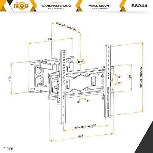 RICOO S6244, Soporte TV Pared, Giratorio, Inclinable, Televisión 32-55" (81-140cm), Brazo Universal, Televisor LED LCD Curvo, VESA 200x200-400x400