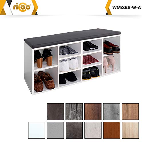 RICOO WM033-W-A, Banco Zapatero, 104x49x30cm, Armario Interior con Asiento, Organizador Zapatos, Mueble recibidor, Perchero Entrada, Madera Blanco