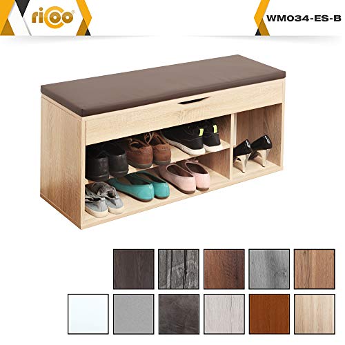 RICOO WM034-ES-B, Banco Zapatero, 104x49x30cm, Armario Interior con Asiento, Organizador Zapatos, Mueble recibidor, Perchero, Madera Roble marrón