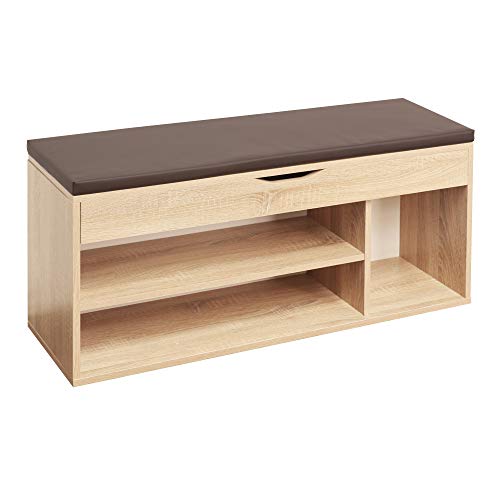 RICOO WM034-ES-B, Banco Zapatero, 104x49x30cm, Armario Interior con Asiento, Organizador Zapatos, Mueble recibidor, Perchero, Madera Roble marrón