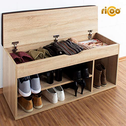 RICOO WM034-ES-B, Banco Zapatero, 104x49x30cm, Armario Interior con Asiento, Organizador Zapatos, Mueble recibidor, Perchero, Madera Roble marrón