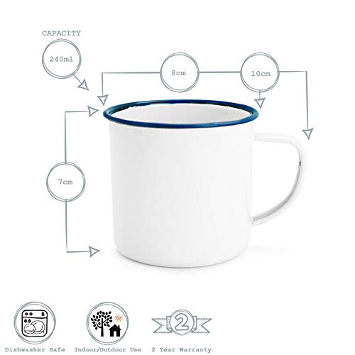 Rink Drink Taza de café o té - Esmalte Blanco Tradicional y Borde Azul - 240 ml - Pack de 4