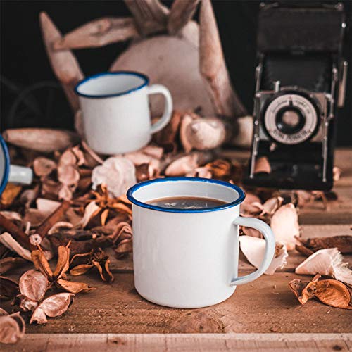 Rink Drink Taza de café o té - Esmalte Blanco Tradicional y Borde Azul - 240 ml - Pack de 4