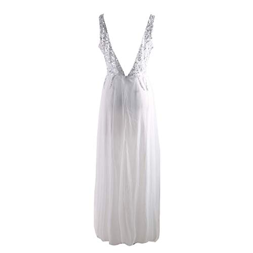 riou Vestido Largo Mujer para Noche y Fiesta Casual Falda Espalada Descubirta Dama de Honor Sexy y Elegante Verano de Novia Sin Manga Lentejuelas con Cuello en V Vestido de Encaje