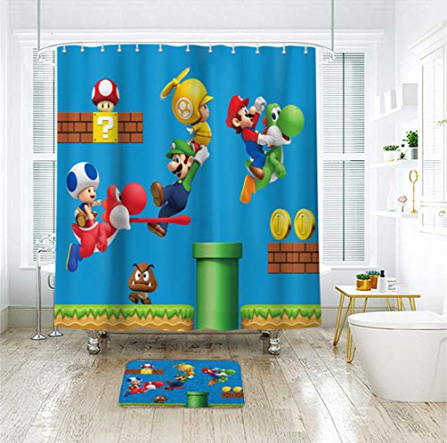 Riyidecor - Cortina de ducha de tela de poliéster impermeable con estampado de dinosaurios Super Mario Blue 152 x 183 cm