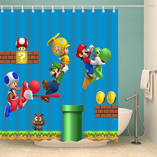 Riyidecor - Cortina de ducha de tela de poliéster impermeable con estampado de dinosaurios Super Mario Blue 152 x 183 cm