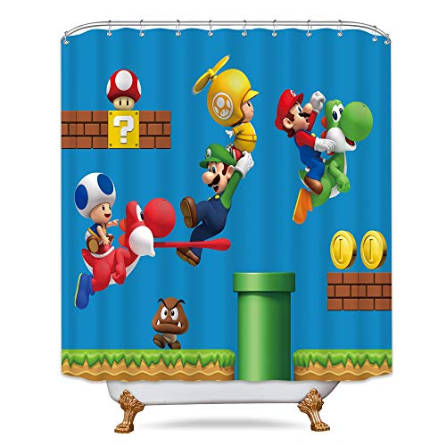 Riyidecor - Cortina de ducha de tela de poliéster impermeable con estampado de dinosaurios Super Mario Blue 152 x 183 cm