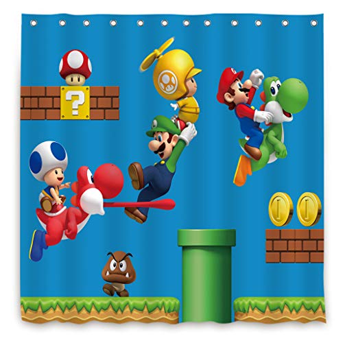 Riyidecor - Cortina de ducha de tela de poliéster impermeable con estampado de dinosaurios Super Mario Blue 152 x 183 cm