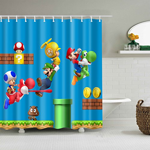 Riyidecor - Cortina de ducha de tela de poliéster impermeable con estampado de dinosaurios Super Mario Blue 152 x 183 cm