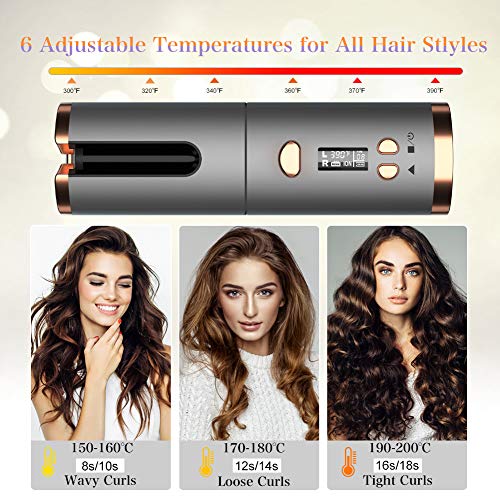 Rizador de Pelo Automático Inalámbrico,Tenacillas de Pelo Portátil Ceramica Rizador de Cabello Automático Recargable con 6 Nivel de Temperatura y Temporizador, Varilla Rizadora con Apagado Automático