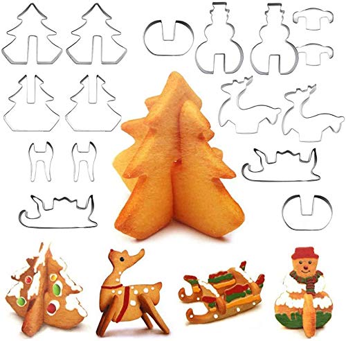 RMENOOR 16Pcs Molde de Galletas Navideñas de Acero Inoxidable 3D Molde Galletas DIY Cortadores de Galletas Navidad con Diversión Kit de Moldes de Galletas de Árbol Muñeco de Nieve Alce Trineo Navideño