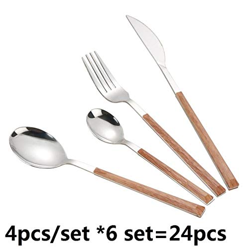 RMEX Juego de vajilla Creativo de 24 Piezas Juego de Cubiertos de Cocina de Acero Inoxidable Cucharas de Tenedor de Mesa de Mango de Madera de imitación, 24 Piezas