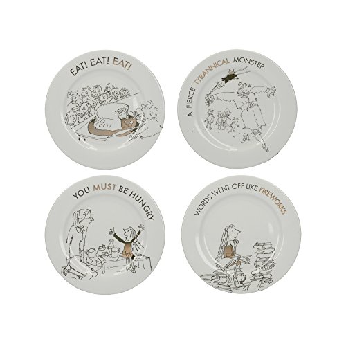 Roald Dahl 'Phizz-Whizzing' Matilda - Placas laterales coleccionables de porcelana fina con detalles de oro real, 20,5 cm, color blanco y dorado (juego de 4)