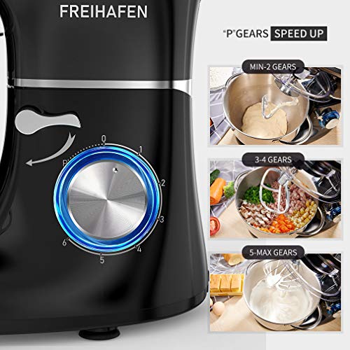 Robot de cocina, amasadora (1400 W, con bol de acero inoxidable de 5,5 L, amasador, batidor,varillas y protección para salpicaduras, 6 velocidades, silencioso) Negro