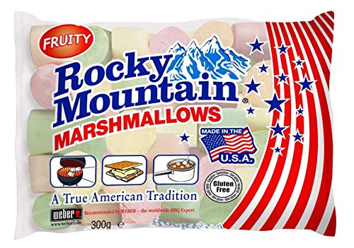 Rocky Mountain Marshmallows Paquete de prueba Classic 300g, Mini 150g, Mega 340g, Fruity 300g, dulces tradicionales americanos para asar en la hoguera, a la parrilla o al horno