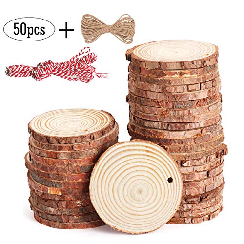 Rodajas de Madera Círculos YLX 6-7cm Discos de Madera Rebanada + 10m Cuerda de Cáñamo Maderas Naturales Perforado Con Corteza de Árbol Para Manualidades Manualidades Bricolaje y Decoraciones (50pcs )