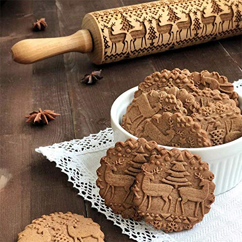 Rodillo Amasar Madera, Navidad Rodillo Galletas, Rodillo de Cocina con Relieve, Rolling Pin Christmas, El Mejor para Fondant, Pastas para Tartas Y Pay, Galletas Y Masa para Pasteles, 35cm