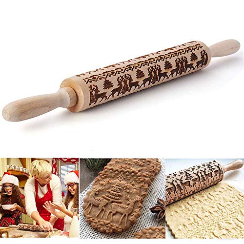 Rodillo Amasar Madera, Navidad Rodillo Galletas, Rodillo de Cocina con Relieve, Rolling Pin Christmas, El Mejor para Fondant, Pastas para Tartas Y Pay, Galletas Y Masa para Pasteles, 35cm