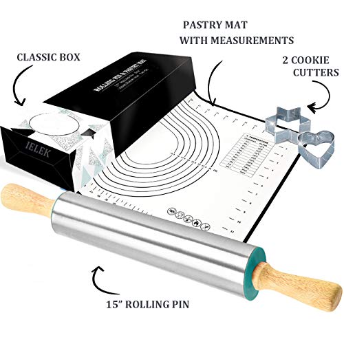 Rodillo de acero inoxidable y silicona para hornear, juego de tapetes para pastelería: kit de moldes antiadherentes para cortar galletas para hornear tartas, pasta, repostería, pizza