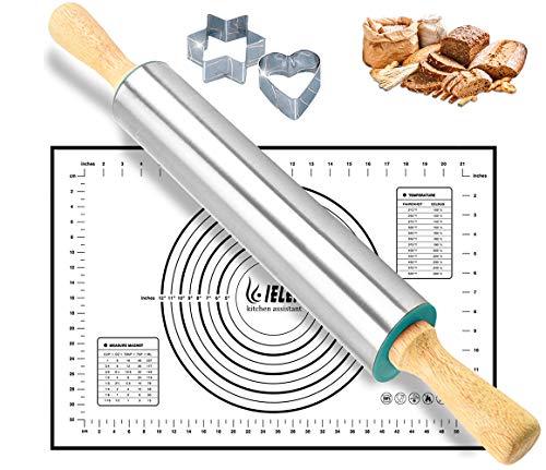 Rodillo de acero inoxidable y silicona para hornear, juego de tapetes para pastelería: kit de moldes antiadherentes para cortar galletas para hornear tartas, pasta, repostería, pizza