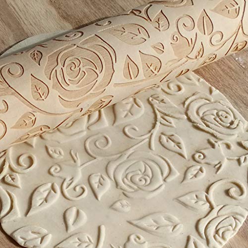 Rodillo de Madera de 3D Patrón de Rosa con Grabado en Relieve Rodillo de Cocina para Fondant de Horno Decoración de Repostería Herramienta de Repostería 35CM