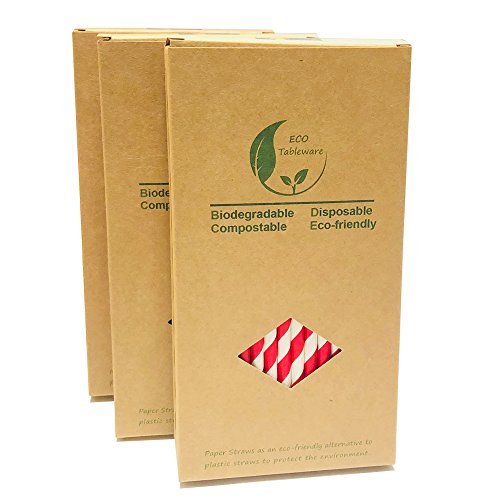 Rojo Pajitas Papel --- Caja de papel reciclable de 100 pajitas de papel de rayas rojas para decoración de fiestas