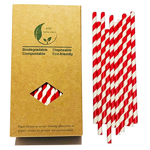 Rojo Pajitas Papel --- Caja de papel reciclable de 100 pajitas de papel de rayas rojas para decoración de fiestas