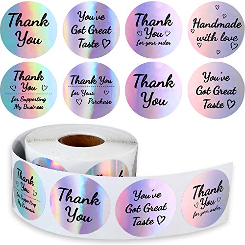 Rollo de Pegatinas de Thank You Etiqueta Adhesivos de Thank You de Negocios Pegatinas Adhesivas Redonda Platas Holográficas Pegatinas Arcoiris Holo para Negocio Tienda de Boutiques (1000 Piezas)