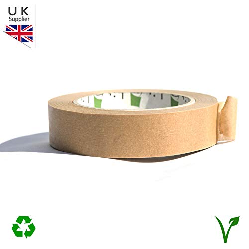 Rollos de papel de 25 mm x 50 m, color marrón, cinta de papel kraft autoadhesiva, apto para veganos, respetuoso con el medio ambiente, totalmente reciclable