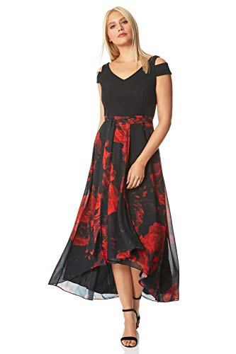 Roman Originals - Vestido maxi con estampado floral y hombros fríos, para mujer, de gasa, para ocasiones especiales, boda, invitada, madre de la novia, novio, baile de graduación, estampado asimétrico