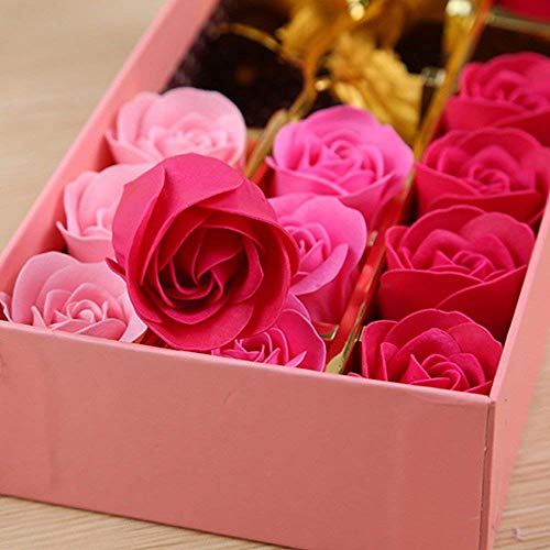 Románticos regalos 12 piezas Jabón rosa y hoja de oro de 24 k Flores de pétalos de rosa con caja de regalo (Rosa)