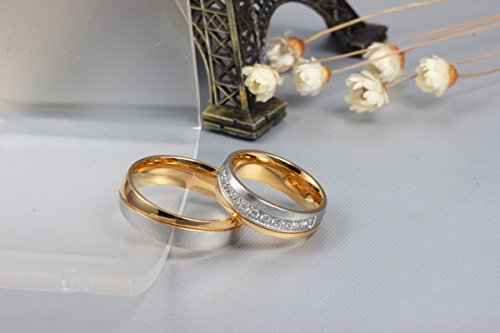 ROMQUEEN JOYERÍA 2 Piezas Anillo de 6MM Alianzas de Oro Blanco Anillos Compromiso Plata Anillo Mujer/Hombre de Oro Y Plata(la Talla Mujer:17 & Hombre:25)