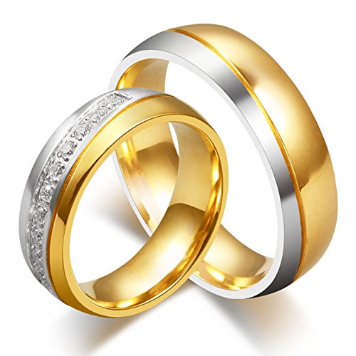 ROMQUEEN JOYERÍA 2 Piezas Anillo de 6MM Alianzas de Oro Blanco Anillos Compromiso Plata Anillo Mujer/Hombre de Oro Y Plata(la Talla Mujer:17 & Hombre:25)