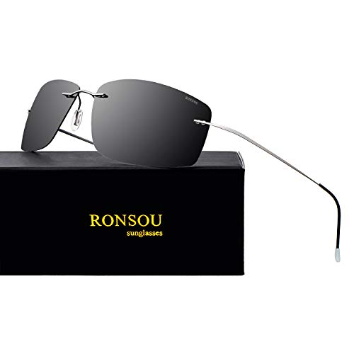 RONSOU Gafas de Sol de Los Hombres Moda Ultraligeras Polarizadas Sin Montura Titanio para Conducir Al Aire Libre Marco Gris Lente Gris